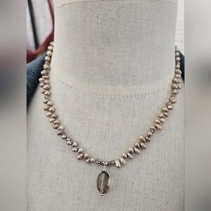 Sterling Silver 925 Freshwater Pearl Necklace w/ Smoky Quartz Pendant